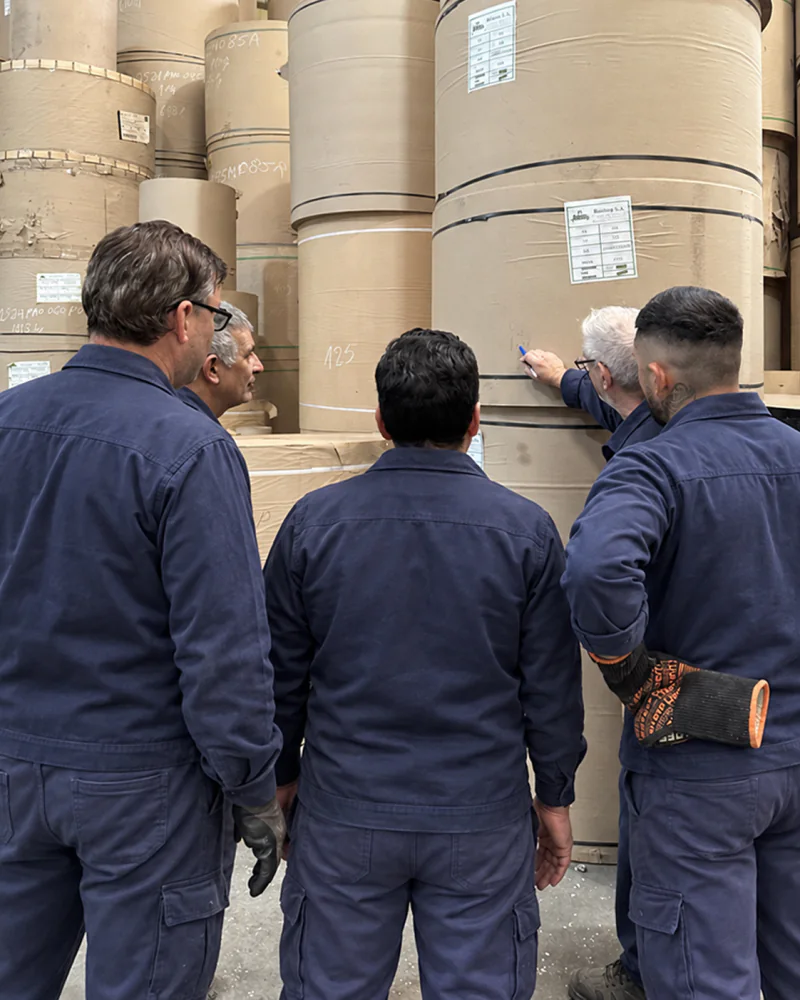 Equipo revisando bobinas de papel para cartón microcorrugado